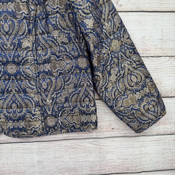 Chico's Quilt Lined Tapestry Jacket Womens Size 3/16/XL Blue/Metallic Open Front - Picture 6 of 14